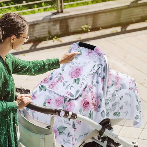 Image of Baby Car Seat Cover, Infant Car Seat Cover with 2 Layer Windows, Breathable Baby Carrier Sun Shade Cover, Windproof Car Seat Canopy Weather Shield for Newborn