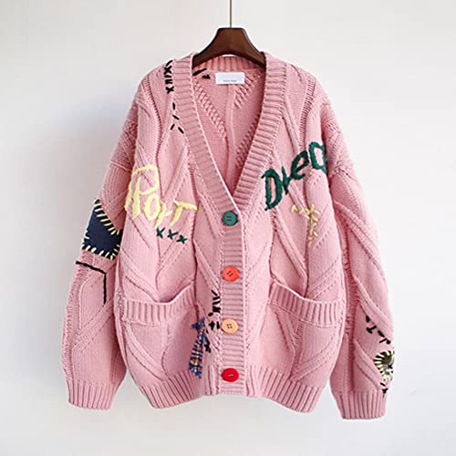 Bticx Cardigã feminino bordado, casaco de tricô quente, gola V, manga comprida, cardigã bordado com