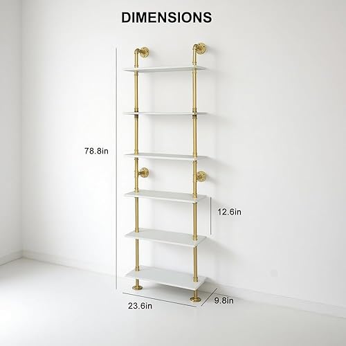 Miniatura 3 de Estantería industrial dorada, estantería de 6 niveles montada en la pared, estantes de almacenamiento dorados rústicos para sala de estarhogaroficina