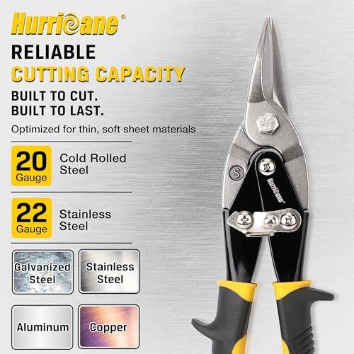 Image of HURRICANE 10 inch Aviation Tin Snips, Straight Cut Metal Shears with Non-Slip Tyregrip Handle, Cr-V Steel Blades Shears for Thin Sheet Metal, Aluminum, Gutter & DIY Projects