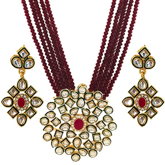 Sattyaki Handcrafted Ethnic Crystal Shine Multistrand Gold Plated Kundan and Minakari long Necklace set with Drop earrings Jewelry Set For Woman & Girls (Maroon) (B0BRSTYGYW) Amazon Price History, Amazon Price Tracker
