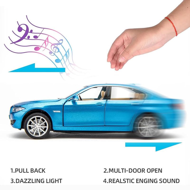 Image of Kids Model 1:32 BM 535I Die Cast Metal Car Pull Back Action Opening Doors with Realistic Engine Sound Lights Toy Car Gift for Boys - Blue