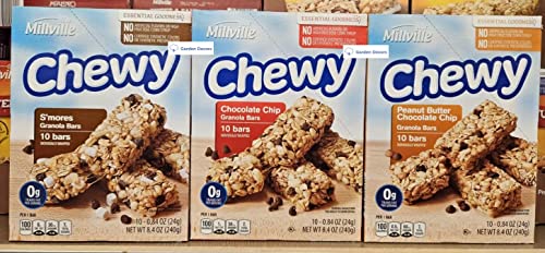 Millville Chewy S'Mores, Chocolate Chip, Peanut Butter Chocolate Chip Granola Bars 8.4oz 240g (Three Boxes)