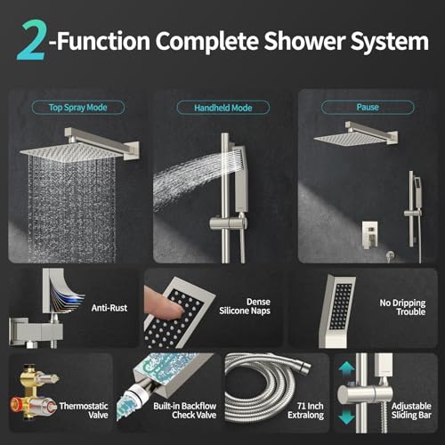 Image of SR SUN RISE 10 Inch Square Shower System with Slide Bar,Brushed Nickel