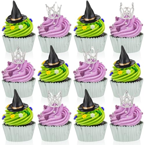 Geelin 12 Pcs Witch Hat and Crown Cake Topper Halloween Cupcake Toppers Dessert Food Safe Cake Decorations for Halloween Princess Theme Birthday Party Favors Supplies