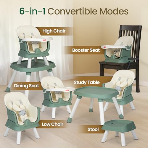 Image of Luvlap Imperial 6in1 Baby High Chair with Learning Table & Stool, Booster Chair with Food Tray, 5 Point Harness, Foldable and Compact Travel Friendly, Baby Chair for 6 to 48 Month, Lightweight, Green
