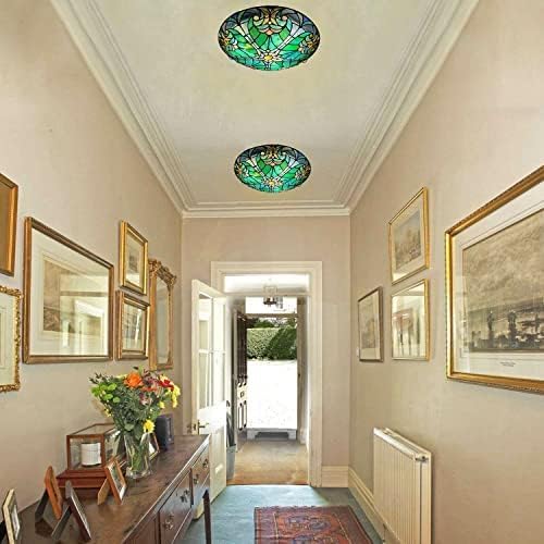 ARTZONE Tiffany Ceiling Lights, Stained Glass Ceiling Light 3-Lights 16 Inch Green Victoria Tiffany Flush Mount Ceiling Light Fixture for Bedroom Dining Living Room Entryway Foyer