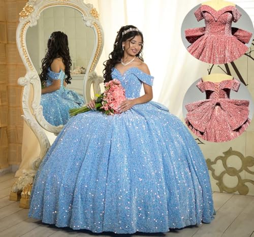 Ftupza Sparkly Sequin Quinceanera Dresses Ball Gown with Bow Off Shoulder Elegant Sweet 15 16 Dresses for Birthday Party2