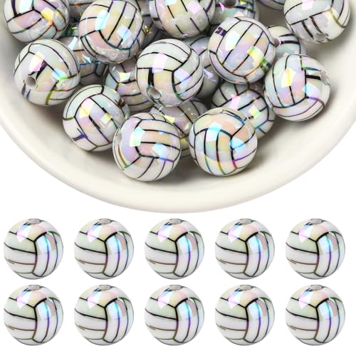 BEEFLYING 30 Pieces Round Acrylic Beads 16mm Sport Ball Volleyball Spacer Beads for Jewelry Bracelet Keychain DIY and Beadable Pen Making