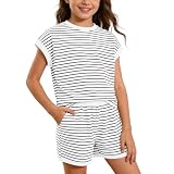 Lässiges zweiteiliges Set für mit lockerm Shirt Radlerhose ideal für Freizeit Schule Outdoor-Aktivitäten geeignet für von 5 bis 13 Jahren sommerlicher (White, 6-7 Years)