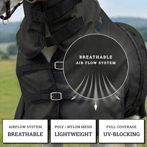 Image of Horse Fly Sheet with Attached Neck Cover & Tail Flap | UV Protection Mesh Horse Blanket, Full Body Bug & Sun Shield, Buckles, Belly Wrap & Gussets for Spring Summer Riding Rug (Black, 68 inch)