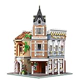 Dreistöckiges Eckgebäude eines Stadthauses, Tavernen-Teehausarchitektur mit Türen, Fenstern, Tischen, Stühlen, Treppen, Kronleuchtern und anderen Details.
