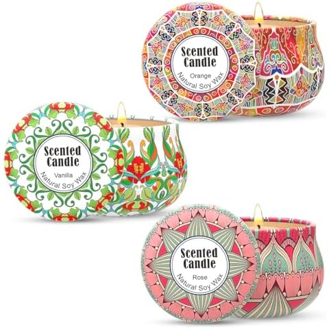 3 Packs Rose, Vanilla and Orange Highly Scented Candles Christmas Gift Set for Women, Small 2.5oz Decorative Natural Soy Wax Aromatherapy Candles in Cute Travel Metal Tin for Home Stress Relief Cover