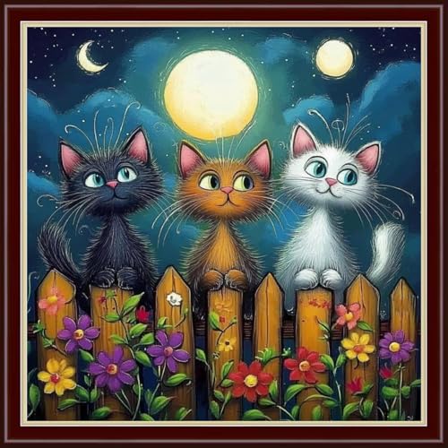 Image of Dimensean Stamped Cross Stitch Kits Full Range of Embroidery Patterns Starter Kits for Beginners Adult DIY Cross Stitches Needlepoint Kits 11CT-Cat Admiring the Moon 18x18 inch