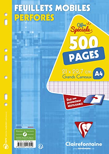 Clairefontaine 11791C Un Étui de Feuillets Mobiles Perforés - A4 21x29,7 cm - 500 Pages Grands Carreaux - Papier Blanc 90 g - Étui Réutilisable
