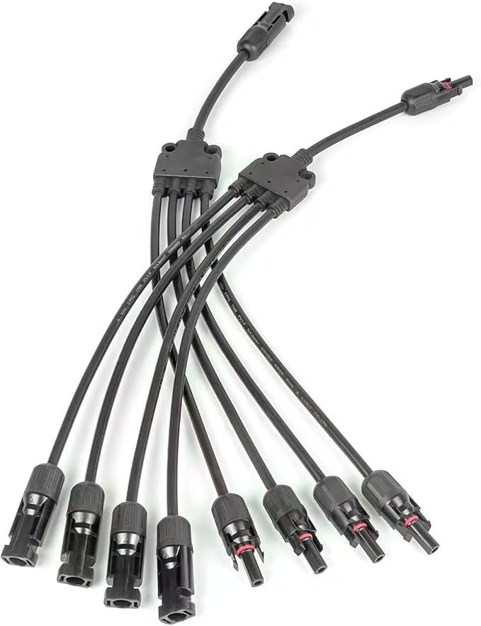 Solar Panel Connectors, 4 to 1 Splitter, 4 Way Parallel, Y Branch Connectors 1 to 4 Solar Adapter Cable Plug Tool (M/FFFF,F/MMMM) 1000V, 4 Way Parallel, 14/10 AWG ，(Red-Black)length:19.9in(2pcs)