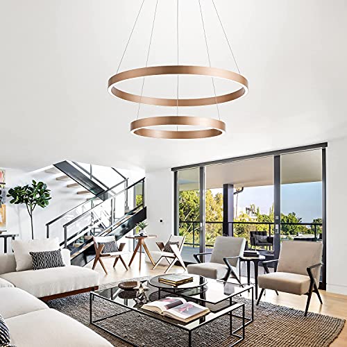 Image of MADEM Modern LED Chandelier 2-Ring Circular Dimmable Pendant Light,Gold | Contempoary Chandelier Flush Mount Pendant Lighting for Living Room Dining Room, Bedroom,3000K-6000K,60W