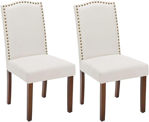 Juego de 2 sillas de cocina modernas tapizadas de tela con ribete de clavos y soporte lumbar ergonómico para sala de estar y comedor rústico de