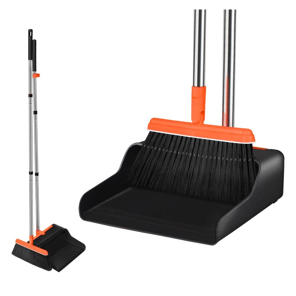 FGY Besen- und Kehrschaufel-Set, Kehrmaschine und Kehrschaufel-Set mit verstellbarem langem Griff, stehender aufrechter Kehrschaufel mit 180° drehbarem Besenstab für Zuhause, Garage, Bodenkehren