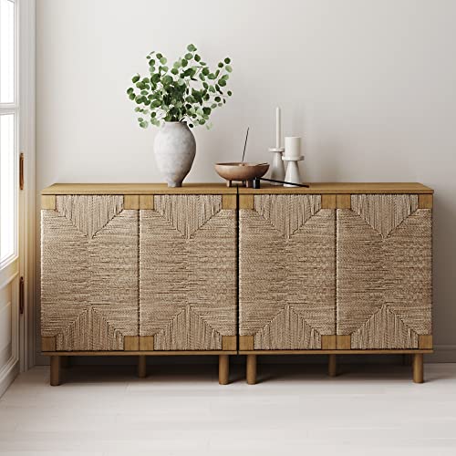 Image of Nathan James Beacon Accent Natural Sideboard Storage Cabinet TV Stand in Light Wood with Adjustable Interior Shelf and Seagrass Doors, for Hallway, Entryway or Dining Room, Light Brown, Set of 2
