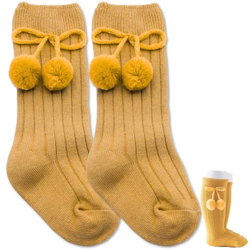 Calcetines Largos de Algodón Con Pompones, Medias Largas de Algodón para Bebés, Calcetines de Rodilla para niños, Calcetas de Bebé (FR/ES, Edad, 3 meses, 12 meses, Amarillo)