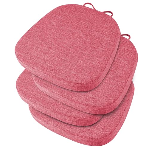 Image of OVOV 14x14 Chair Cushions for Metal Dining Chairs Set of 4 Pink | Non Slip, Washable Removable Cover with Ties, Textured, for Dining Room, Kitchen Cafes Bistro Patio, Stackable Chairs
