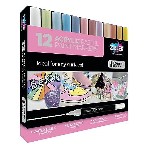 Zieler Lot de 12 stylos de peinture acrylique pour peinture sur roche, céramique, porcelaine, verre, pierre, galets, tissu, bois et bricolage - Marqueurs permanents à base d'eau - Couleurs pastel