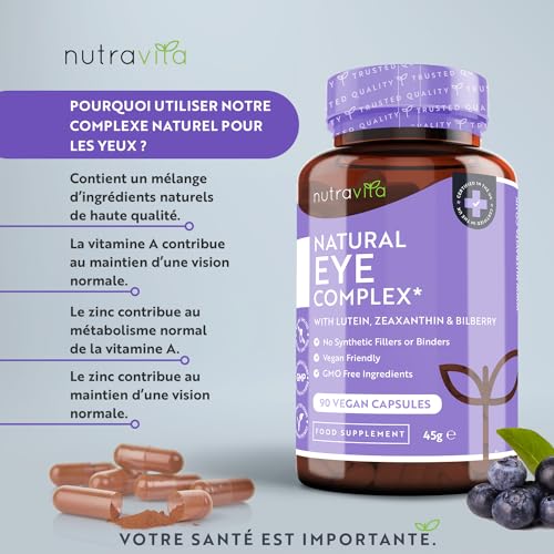 Complément santé pour les yeux − contient de la lutéine, zéaxanthine, du zinc, de l'extrait de myrtille et de la vitamine A et B12 – maintien d’une bonne vision − 90 gélules − Fabriqué par Nutravita – Image 3