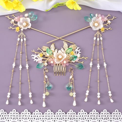 HINZIC 5PCS Pinzas para el Cabello con Cristales, Perlas y Diseño Floral Retro Estilo Hanfu Chino para Mujeres y Niñas miniatura 5