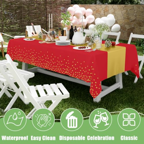 Image of Smiry Plastic Table Cloth Disposable 8 Pack, 54 x 108 Inch Rectangle Waterproof Tablecloth, Printed Gold Table Runner Style for Birthday Weeding, Party Decorations, Leakproof & Sturdy, Gold and Red
