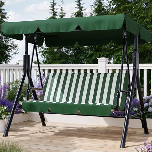 Image of Garvee Outdoor Porch Swing with Adjustable Canopy, 3-Seat Patio Swing Chair with Stand, Heavy Duty Outdoor Swing for Adults, Metal Frame Patio Swing for Garden, Backyard & Poolside,Striped Green