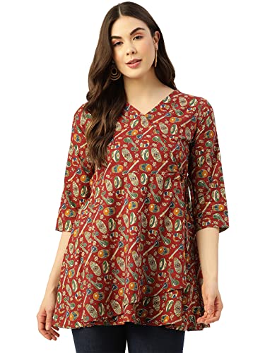 Image of feranoid Floral Print Angrakha 3 Sleeves Flared Kurti