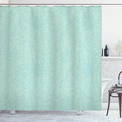 ABAKUHAUS Turquoise Shower Curtain, Dahlia Flowers Bouquet Hand Drawn Style with Brush Strokes Effect Ornamental Art