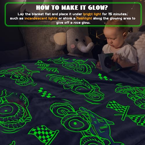 Boys Truck Car Toy Unique Gift for Kids Glow in the Dark Blanket Glow in the Dark Cartoon Tractor Throw Blanket Soft Fleece Blanket Shovel Room Bed Sofa Decorative Blanket
