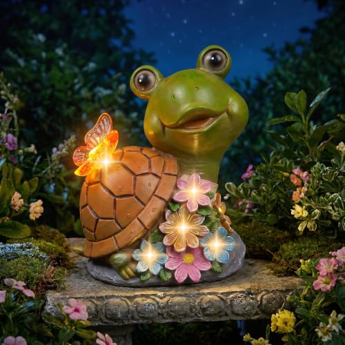 Tortuga solar con luces LED automáticas en flores de resina resistentes al exterior 2