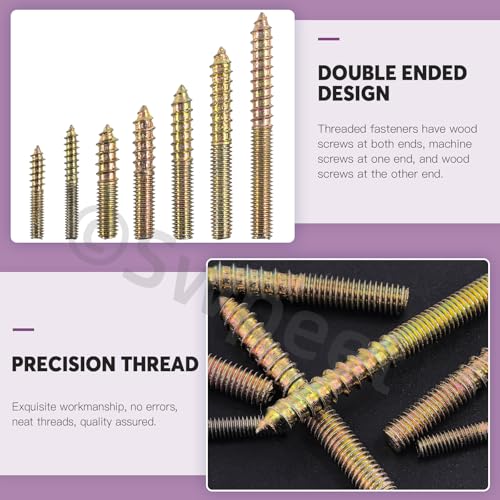 Image of Swpeet 120Pcs 7 Sizes Color Zinc Hanger Bolts Assortment Kit, Double Headed Bolts, Self-Tapping Screw Hanger Bolts, Dowel Screw Bolts Threaded Rods Bolt Furniture Screws for Wood Furniture Joint
