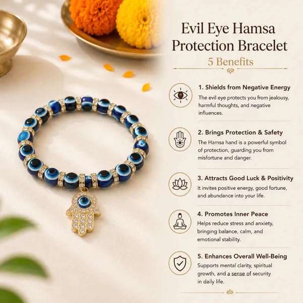 Image of Evil Eye Hamsa Hand Protection Bracelet for Men & Women | Blue Evil Eye Beaded Stretch Bracelet with Hamsa Charm | Adjustable Lucky Bracelet for Daily Wear, Gift & Spiritual Jewelry