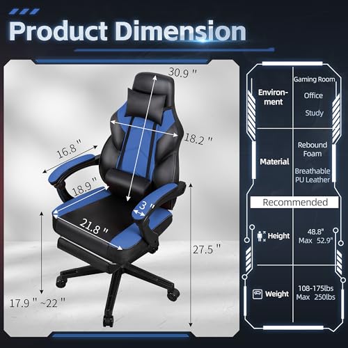 Image of DL-win Gaming Chairs for Adults, Computer Chair with Footrest and Ergonomic High Back, Big and Tall Gamer Chairs with Massage Lumbar Support, 360 Swivel Height Adjustable Gaming Chair, Blue