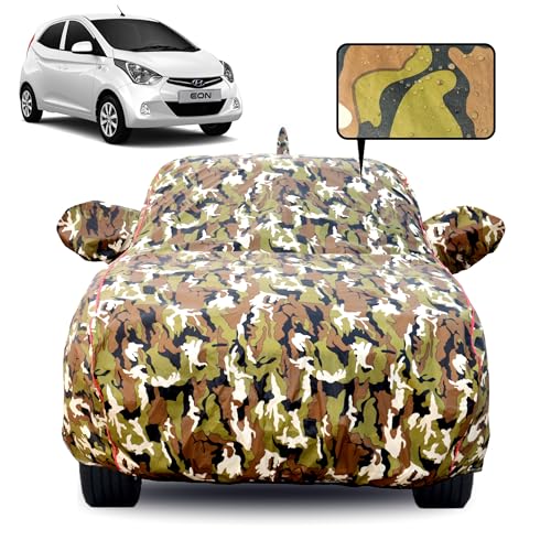 Image of Waterproof Car Body Cover for Hyundai EON with Mirror Pocket, Soft Cotton Lining, Triple Stitched, Full Bottom Elastic (Heat Resistant Jungle Print with Red Piping)