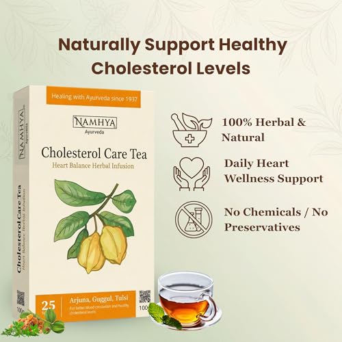Image of Namhya Cholesterol Care Tea | Herbal Tea for Cholesterol Control, Heart Health & Circulation Support | Ayurvedic Blend for Fat Metabolism, Detox & Triglyceride Balance | 25 Tea Bags 100g
