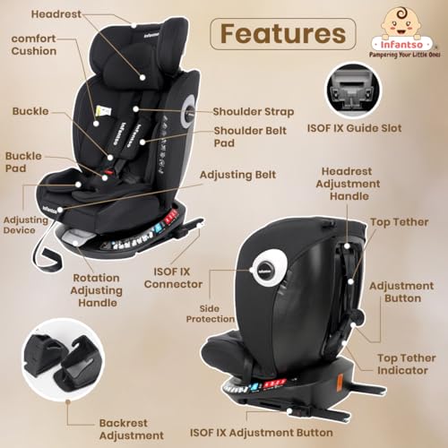 Image of Infantso Premium RIDE-ON (6 in 1) - ISOFIX (ECE R44 /04 Certified) Car Seat 360 Rotating Recliner Baby Car Seat for 0 to 12 Years Convertible Carseat for Baby & Kids | Forward Facing & Rear Facing, 5-Adjustable Recline Levels, Adjustable Headrest with 3-Point Safety Harness (All Black)
