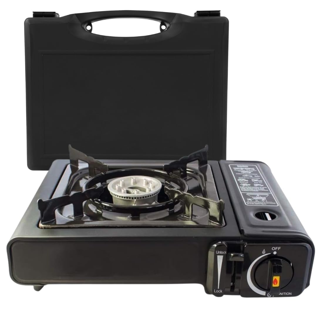 Trendi Black Portable Camping Stove – Lightweight EN417 Gas Stove with Carry Case, Automatic Ignition & Heat Control – Ideal for Camping, Hiking & Outdoor Cooking