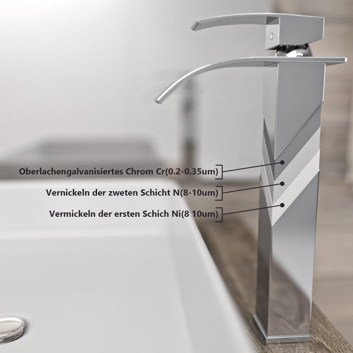 Rubinetto Bagno Lavabo Alto,Miscelatore Lavabo Bagno Moderno,Rubinetto Sottolavello Acqua Calda e Fredda,Viene Fornito con Tubo da 3/8" lungo 60 cm