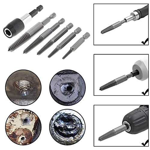 Kigauru 6Pcs Damaged Screw Extractor Set Steel Screw Remover 1/4 Inch Hex Shank Fine Thread Bad Screw Stud Remover Easy Out Stripped Screw Extractor Kit With 60Mm Length Magnetic Extension Bit #TOP5