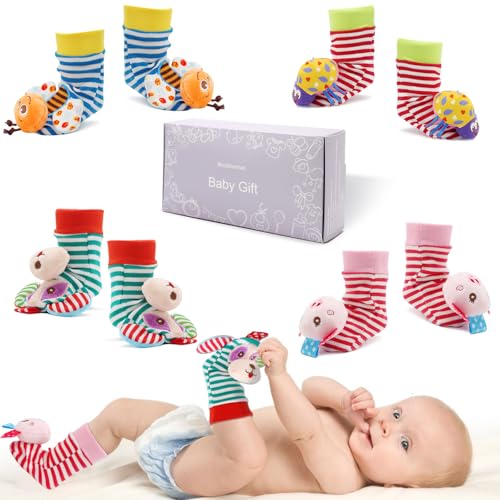 Image of BLOOBLOOMAX Baby Infant Rattle Socks Toys, Sock rattles for Babies 0-24 Months Baby Animal Foot Finder Learning Toy(8FB)