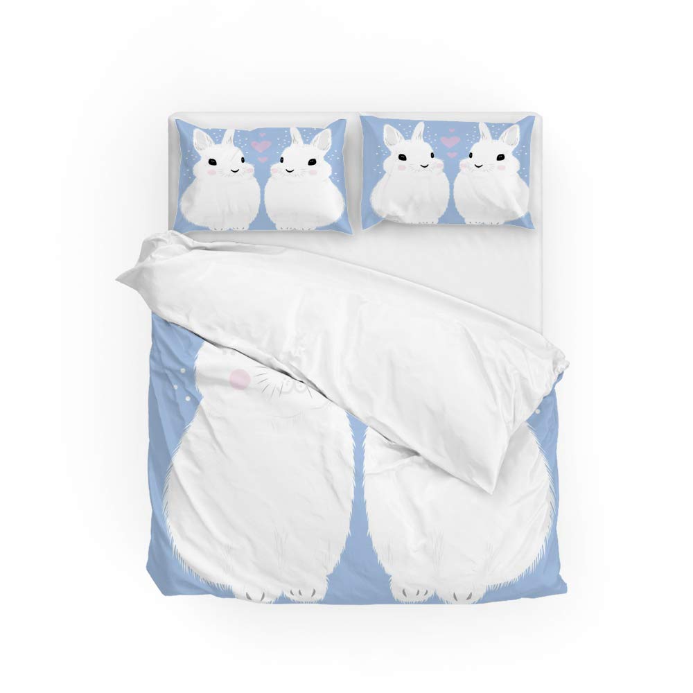 Housse de couette microfibre souple lit double drap motif lapin blanc maison