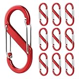 Aspire 10 Pack S-Shaped Aluminum Carabiners Red, 3 Inch Double Snap Hook Clips for Keychains, Backpacks, Camping Picnics