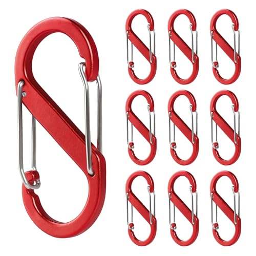 Aspire 10 Pack S-Shaped Aluminum Carabiners Red, 3 Inch Double Snap Hook Clips for Keychains, Backpacks, Camping Picnics
