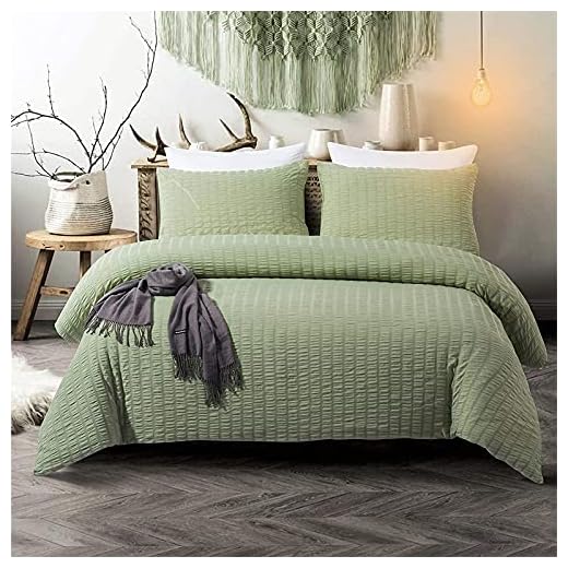 Green Classic Seersucker Bedding Set- Puckering Duvet Cover with 2 Pillowcases, Zipper Closure for Teens Adults Double Size 200×200cm