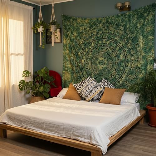 Image of Craft Trade 84x90 Inches Dark Green Cotton Mandala Ombre Wall Hanging Tapestry